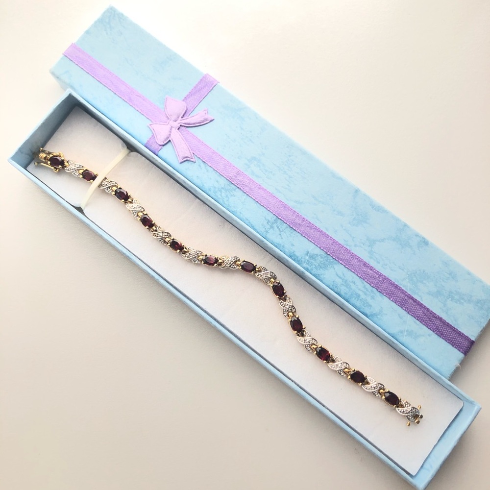 Sterling Natural Garnet Diamond Cut Crossover Vermeil Gold Tennis Bracelet - Picture 8 of 12